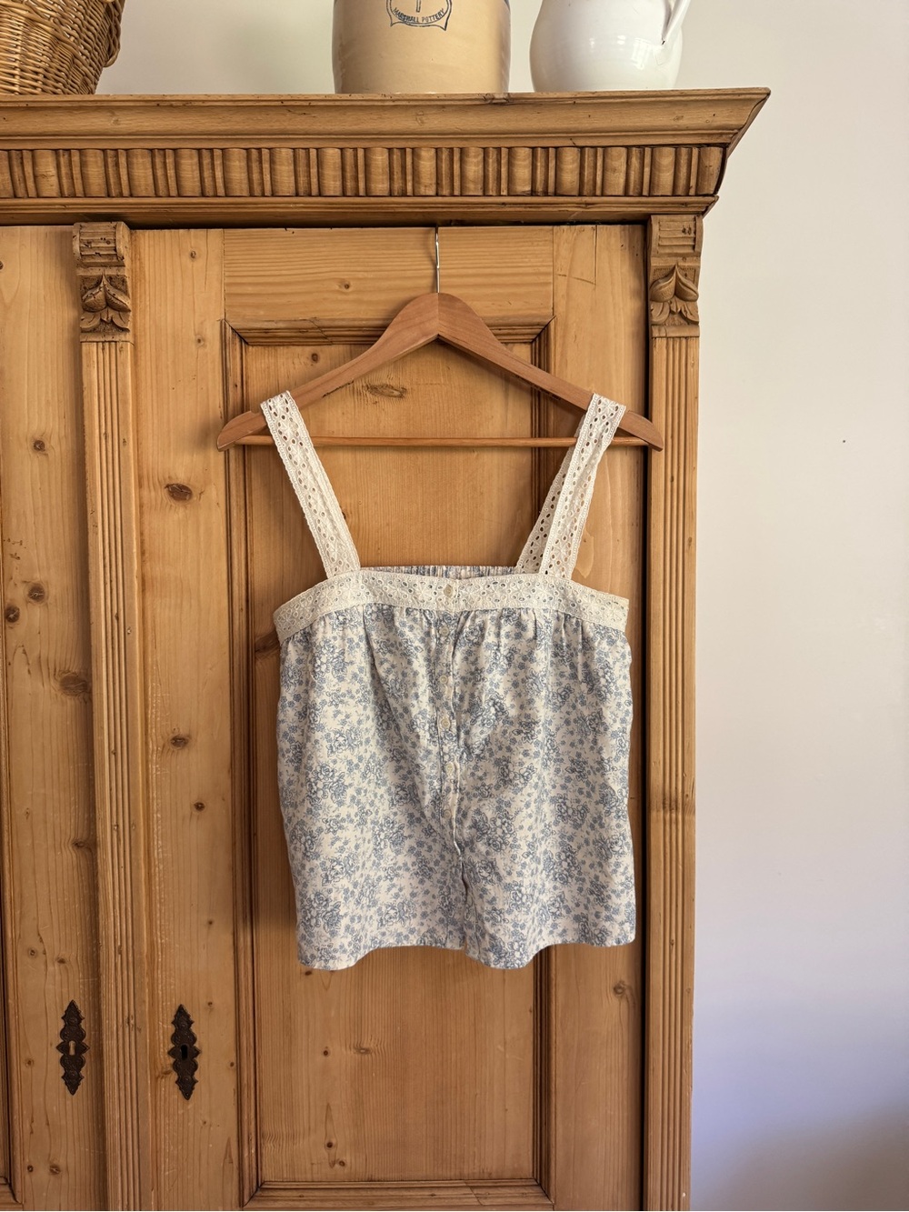 Floral Lace-Trim Light Blue Tank Top